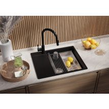 Evier Cuisine En Granit Noir 62x50cm, Lavabo 1 Bac + Kit De Vidage + Égouttoir Enroulable, Évier À Encastrer Au Meuble 50cm - San Francisco Primagran 