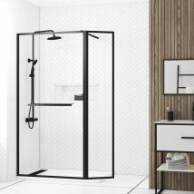 Paroi De Douche Avec Volet Pivotant 90+40x200cm - Profilé, Porte-serviette Et Étagère Noir Mat - Bricoman