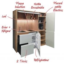 Kitchenette / Mini-cuisine Arche 186cm Blanche Valino - Inclus : Plaque De Cuisson, Hotte, Évier, Robinetterie, Led + Réfrigérateur - Bricoman