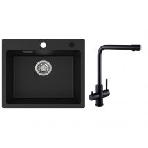 Cecipa Max Evier 1 Bac 50x45cm Evier En Quartz Et Résine Evier À Encastrer + Mitigeur Evier À 3 Voies, 2 Leviers, Noir - Bricoman