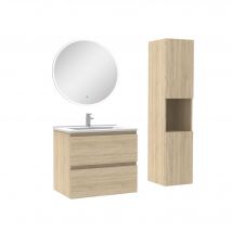 Ensemble Meubles Simple Vasque 60cm,colonne + Miroir Rond Lumineux Chêne Wotan - Ocean - Bricoman
