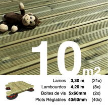 Kit Complet Terrasse Pin Autoclave Vert Pour 10 M² • Lames 3,3 M, Lambourdes 4,2 M, Plots Réglables Et Visserie Inox - Bricoman