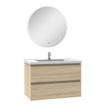 Ensemble Meuble Salle De Bain Chêne Wotan 80cm Simple Vasque + Miroir Lumineux Rond - Bricoman
