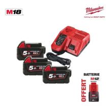 Pack Nrj Milwaukee 18v 5.0ah 3 Batteries 18v 5.0ah 1 Chargeur M12-18fc - 1 Batterie M12 2.0ah Offerte 4933451423 - Bricoman