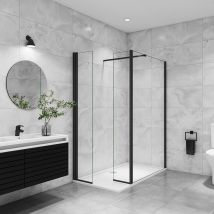 Paroi De Douche Avec Retour Pivotant 120+40x200cm Avec Une Barre Extensible, Paroi De Douche Pivotante 45x200cm, Profilé Noir, Verre 8mm De Sécurité -