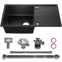 Derw Max 78x45cm Evier 1 Bac En Quartz Evier De Cuisine En Granit - Evier À Encastrer Avec Egouttoir - Noir - Bricoman