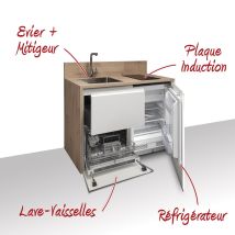 Kitchenette / Mini-cuisine Basse 126cm Blanche Valino - Inclus : Plaque De Cuisson, Évier, Robinetterie + Lave-vaisselle + Réfrigérateur - Tecnomat