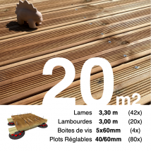 Kit Complet Terrasse Pin Autoclave Marron Pour 20 M² • Lames 3,3 M, Lambourdes 3 M, Plots Réglables Et Visserie Inox • Livraison Gratuite - Bricoman