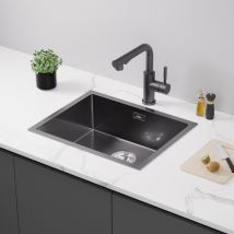 Auralum Max Évier Cuisine 1 Bac 55*44*19cm Évier Montage À Encastrer,à Fleur Ou Sous-plan Évier Noir En Acier Inox Avec Siphon Et Trop-plein - 