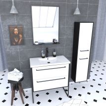 Ensemble De Salle De Bain 80 Cm Blanc Finition Noir + Vasque Blanche+ Miroir + Colonne De Rangement - Bricoman