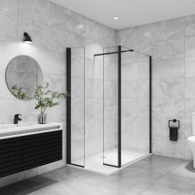 Paroi De Douche Avec Retour Pivotant 100+40x200cm Avec Une Barre Extensible, Paroi De Douche Pivotante 45x200cm, Profilé Noir, Verre 8mm De Sécurité -