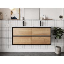Meuble De Salle De Bain Suspendu Avec Vasque À Encastrer - Coloris Naturel Clair Et Noir - 120 Cm - Lannick - Tecnomat