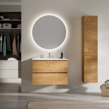 Feel Your Bath, Meuble De Salle De Bain Panter Marron 80 Cm, 2 Tiroirs, Vasque Céramique Intégrée Et Miroir Rond Led - Bricoman