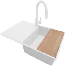 Evier Cuisine En Granit Tout Blanc 78x50cm, Lavabo 1 Bac + Kit De Vidage + Accessoire, Évier À Encastrer Au Meuble 50cm - Copenhague Primagran - 