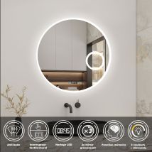 Aica Led Miroir Lumineux 3 Couleurs Tactile Horloge + Loupe + Anti-buée + Dimmable + Mémoire 70x70cm Miroir Salle De Bain Rond - Bricoman