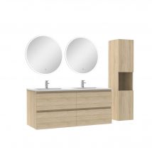 Ensemble Meubles Double Vasque 120cm,colonne + Miroir Rond Lumineux Chêne Wotan - Ocean - Bricoman