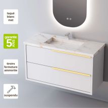 Meuble Salle De Bain Like 60cm, Plan Vasque Grès Cérame, 2 Tiroirs Poignée Or, Laqué Blanc Mat, H 54cm X P 45cm - Tecnomat