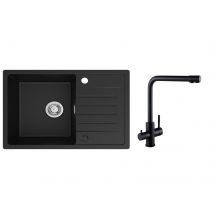 Evier 1 Bac En Quartz Et Résine - Noir Evier Avec Egouttoir 78x45cm + Mitigeur Evier À 3 Voies, 2 Leviers, Noir - Bricoman