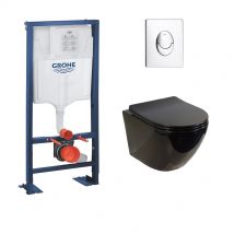 Pack Wc Grohe Rapid Sl + Cuvette Sans Bride Kelos Flush Noir Brillant + Plaque Skate Air Chromé - Bricoman