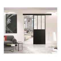Optimum - Kit Porte Coulissante + Rail + Bandeau Atelier - H.204xl.83xp.4 Cm - Noir Verre Transparent - Bricoman