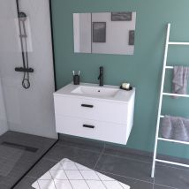 Meuble Salle De Bain 80 Cm Suspendu 2 Tiroirs Blanc Avec Vasque Et Miroir - Box-in - Bricoman