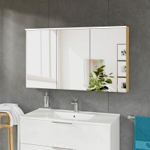 Bernstein - Armoire De Toilette Suspendue Chêne Miel 120x18x70cm (lxpxh) 2 Portes Miroir, Éclairage Led, Tablettes En Verre - Solo - Bricoman