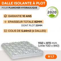 6 Dalles À Plots Isolantes Pour Plancher Chauffant Hydraulique R=1.7 - Ep 82mm (57 Isolant + 25 Plots) - 1120x840mm - 5,64 M2 - Bricoman