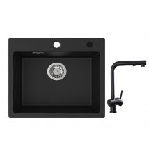 Cecipa Max Evier Quartz Noir 50x45cm Evier 1 Bac Evier De Cuisine En Granit + Robinets Cuisine Avec Douchette Extractible, Mitigeur D'Évier Noir - 