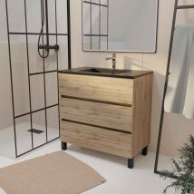 Meuble De Salle De Bains 80 Cm 3 Tiroirs Chêne Naturel + Vasque Céramique Noire - Timber - Bricoman