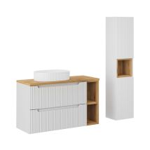 Ensemble Meuble Simple Vasque 100cm 2 Tiroirs 2 Niches Et Colonne Riva Blanc Et Bois - Bricoman