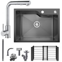 Évier Inox Noir Avec Panier De Drainage 60×45cm Évier De Cuisine 1bac + Mitigeur Cuisine Brossé Avec Douchette Extractible - 2 Jets Aux Choix - 