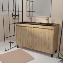 Meuble De Salle De Bains 120 Cm 4 Portes Chêne Naturel + Vasque Double Céramique Noire - Timber - Bricoman