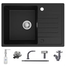 Cecipa Max Evier De Cuisine Avec Égouttoir Noir 65 X 45 Cm Evier À Encastrer Evier 1 Bac Quartz Et Résine + 300ml Distributeur De Savon Brossé - 