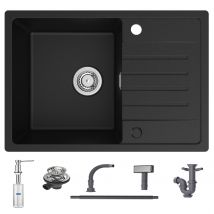 Cecipa Max Evier De Cuisine Avec Égouttoir Noir 65 X 45 Cm Evier À Encastrer Evier 1 Bac Quartz Et Résine + 300ml Distributeur De Savon Brossé - 