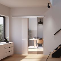 Kit Porte Coulissante Aluminium Verre Transparent + Rail H.203 X L. 75 Cm, Schulte, Porte Coulissante Intérieure Vitrée - Poignée Bouton - Bricoman