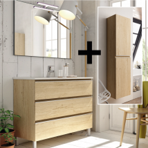 Ensemble Meuble De Salle De Bain 100cm Simple Vasque + Colonne De Rangement Palma - Bambou (chêne Clair) - Tecnomat