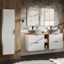Ensemble Meuble Double Vasque 140cm 2 Niches Et Colonne Adriel Blanc Et Effet Pierre - Bricoman