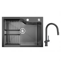 Évier Inox Noir Avec Panier De Drainage 60×45cm Évier De Cuisine 1bac + Mitigeur De Cuisine Avec Douchette Extractible Avec 2 Types De Jet - Bricoman
