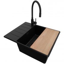 Evier Cuisine En Granit Tout Noir 62x50cm, Lavabo 1 Bac + Kit De Vidage + Accessoire, Évier À Encastrer Au Meuble 50cm - Copenhague Primagran - 