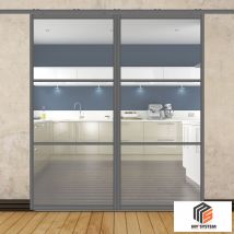 Porte Double Coulissante H2088 - L967 Mm - 3 Verres Horizontaux - Trempé 6 Mm Clair - Gris - Bricoman