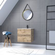 Pack Meuble Sdb 60cm Suspendu 2 Tiroirs Chene_vasque Blanche + Miroir Barber - Timber 60_pack32 - Bricoman