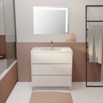 Ensemble Meuble De Salle De Bain Blanc 80 Cm Sur Pied 3 Tiroirs + Vasque Ceramique Blanche + Miroir - Bricoman