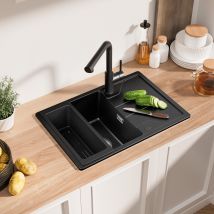 Évier De Cuisine En Granit Noir 65 X 45 Cm, Évier 1 Bac, Évier À Encastrer Avec Panier De Drainage, Étagère, Quartz Et Résine - Bricoman