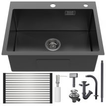 Évier Cuisine Noir 58*45*18cm,lavabo Cuisine 1 Bac Avec Égouttoir Enroulable Et Distributeur De Savon, Inox, Montage À Encastrer Ou À Fleur - Bricoman