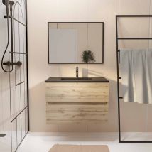 Pack Meuble Sdb 80cm Suspendu 2 Tiroirs Chene_vasque Noire + Miroir - Timber 80 - Bricoman