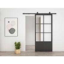 Kit Porte Coulissante Loft Industriel Acier Noir Verre Transparent + Rail H.220 X L. 102 Cm, Schulte, Double Amortisseur, Porte Intérieure Vitrée - 