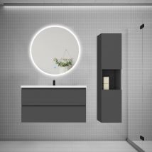 Aica Ensemble Meuble Vasque L.99cm 2 Tiroirs + Lavabo + Led Miroir Rond 90cm + Colonne,anthracite - Bricoman