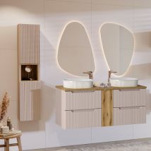 Ensemble Meuble Double Vasque 140cm 4 Tiroirs Et Colonne Riva Cachemire Et Bois - Bricoman