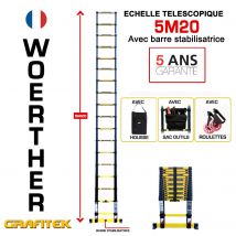 Echelle Télescopique Woerther 5m20 Avec Barre Stabilisatrice - Plus Housse, Sac Porte Outils Et Roulettes - Qualité Supérieure - Garantie 5 Ans - 