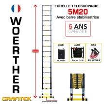 Echelle Télescopique Woerther 5m20 Avec Barre Stabilisatrice + Housse + Sac Porte-outils + Roulettes - Qualité Supérieure - Garantie 5 Ans - Bricoman